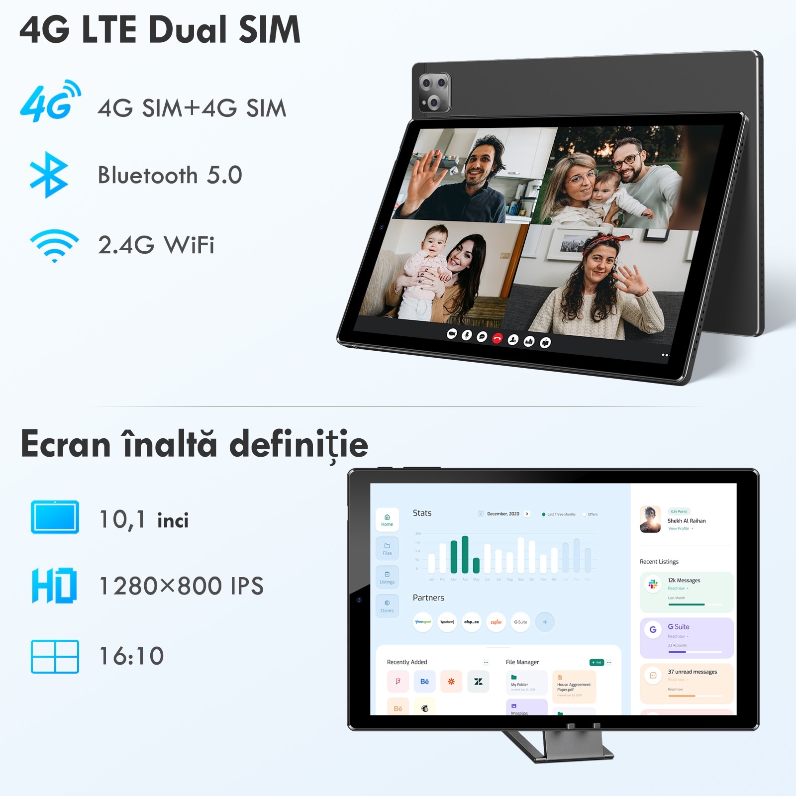 Tableta M107 de 10 inch, Android 13,12GB（6+6） RAM+128GB ROM, octa-core, 8000mAH，dual 4G SIM, 5+13 MP camera, Gray