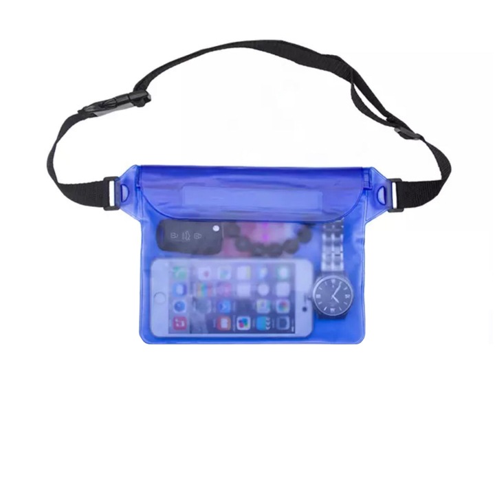 Подводна чанта за мобилен телефон и аксесоари, Автентично качество, регулируем колан, 22 х 17 см, синя