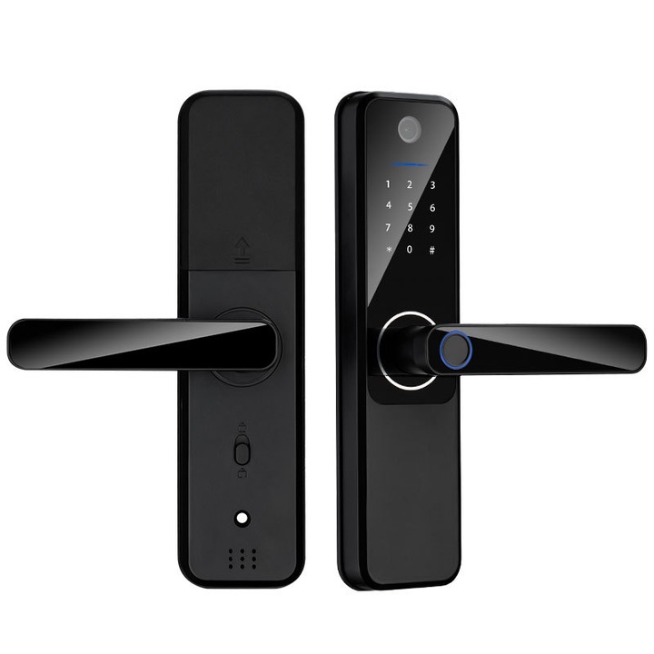 Интелигентна ключалка Yala Smart Lock, камера, bluetooth, вграден зумер, RFID карта, пръстов отпечатък, парола, ключ, достъп от приложението TTLock, Съвместим с Android и IOS, съвместимо с Alexa и Google Home, черен