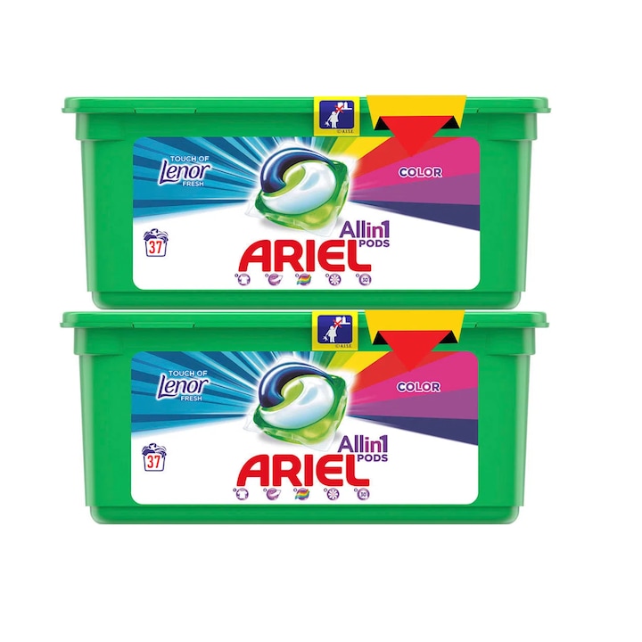 Комплект от 2 x перилен препарат за автоматично пране Ariel All in One Pods Color Touch of Lenor, 37 капсули, 74 пранета