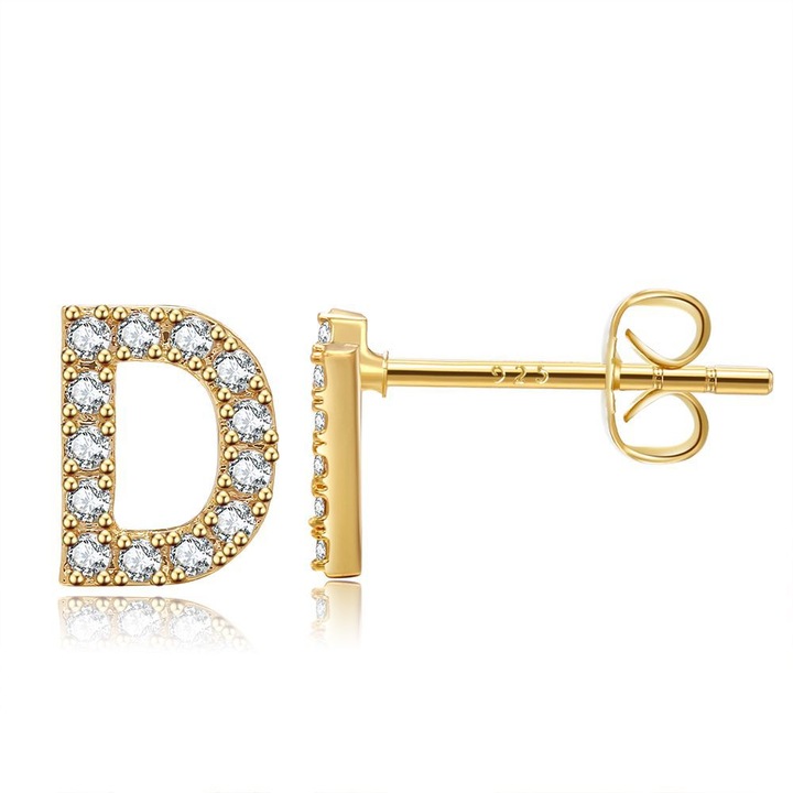 Cercei Aur Modele Noi, Alfabet 'D', Diva4u, Argint 925/Zircon, 5 x 7 mm