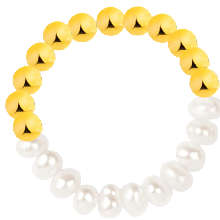 Gyűrűs természetes tenyésztett gyöngyök és ezüstgolyók, GlassIdeas, állítható méretű, Be Sparkle, sárga aranyozás, fényes felület, fehér arany szín