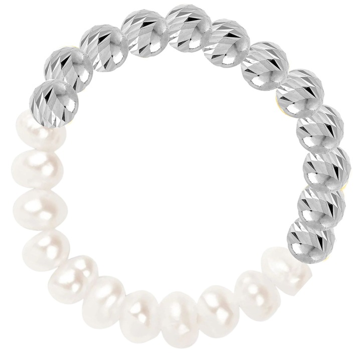 Gyűrű, természetes tenyésztett gyöngyök és ezüstgolyók, GlassIdeas, állítható méret, Be Sparkle, fehér ródium bevonat, gyémánt bevonat, fehér ezüst színű