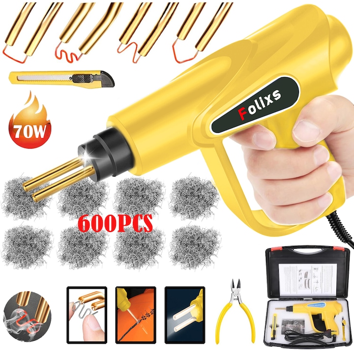 Folixs Műanyag hegesztő pisztoly készlet, hatféle erősítő kapocs, 70W, 3 másodperces gyorsmelegítés, 400℃, 600 erősítő kapocs, LED világítás
