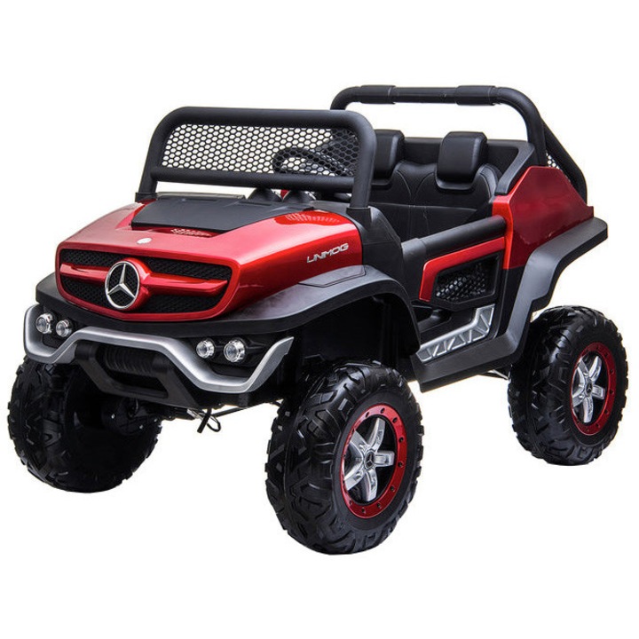 Masinuta electrica 4x4 Premier Mercedes Unimog, 12V, roti cauciuc EVA, scaun piele ecologica, visiniu