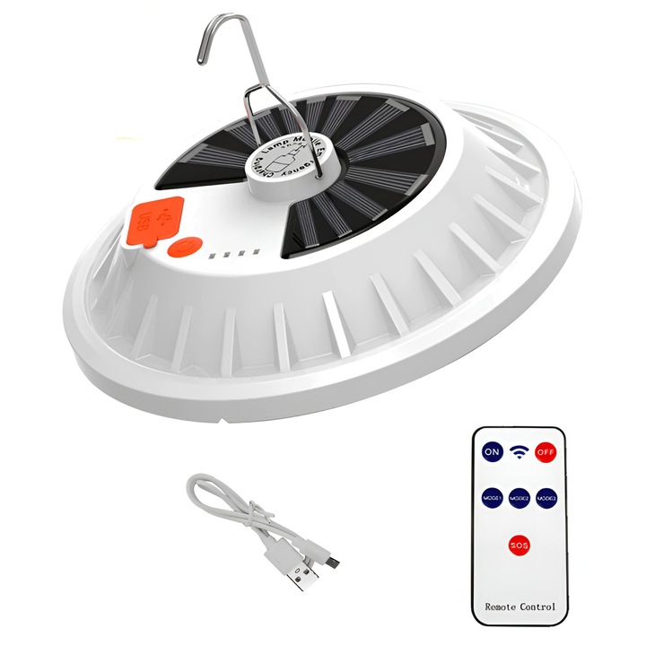 Лампа за къмпинг, ZEQAS, Мултифункционална, кръгла, 120 светодиода, 60 W, преносима, презареждаема от соларна или USB кабел, водоустойчива, 5 режима на светене, включва дистанционно управление и USB кабел, бяла