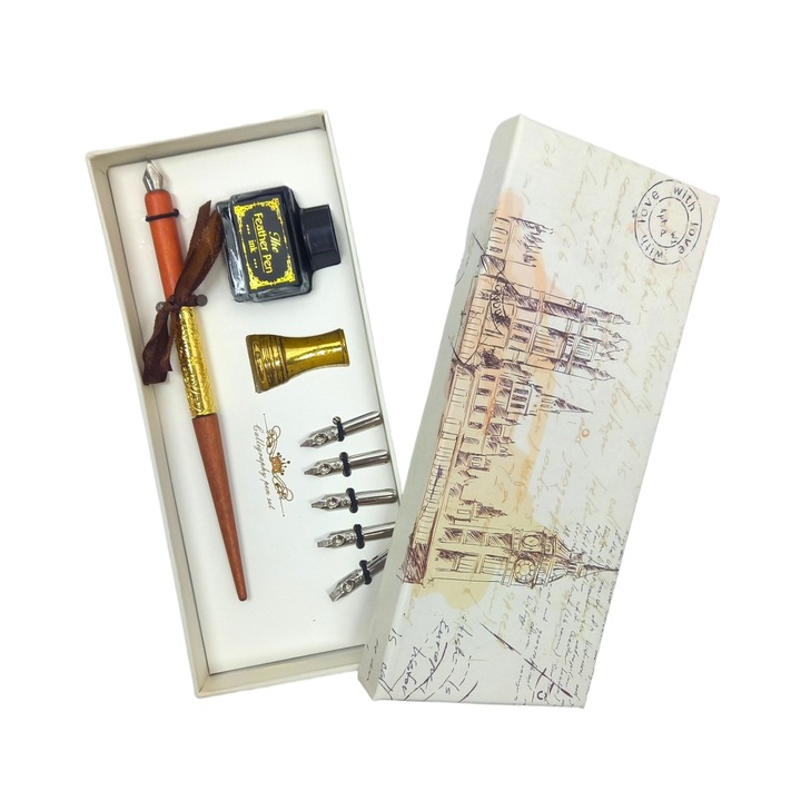 Set stilou caligrafie din lemn, cu 5 penite, calimara de cerneala si suport pentru birou