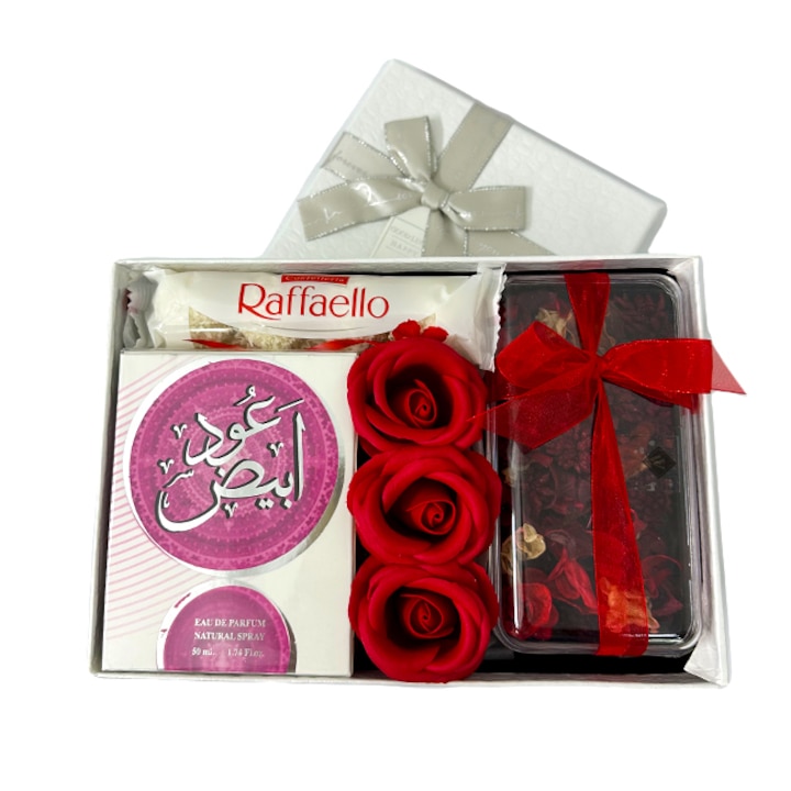 Pachet cadou dama, Cutie eleganta cu Parfum arabesc Oud Abiyed 50ml, 3 trandafiri de sapun, Praline Raffaello si o cutie cu flori uscate si parfumate, Rosu, Velve