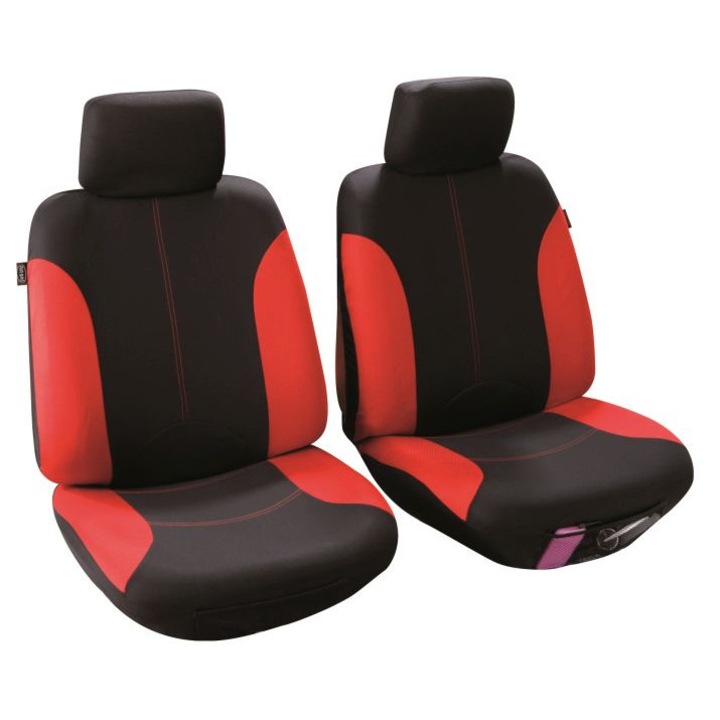 Huse scaune fata + tetiere ISOFIX, compatibile airbag, negru/rosu