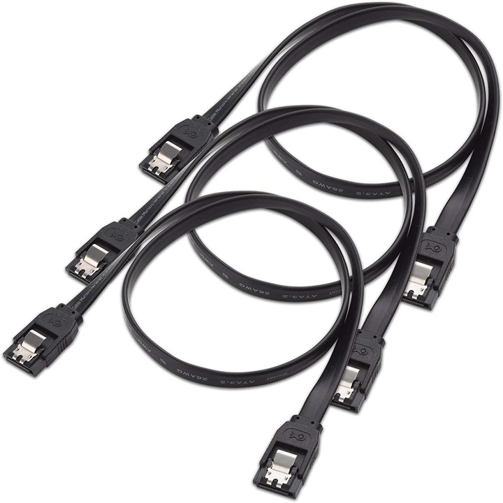 Комплект от 3 кабела SATA III Parafasa, JENUOS®, 8 пина, 40 см, кабел за пренос на данни, свързващ кабел с един конектор в права линия и един наклонен, черен