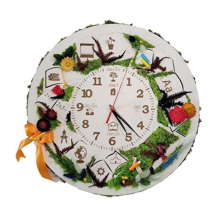 Ceas decorativ rotund, cu licheni si flori stabilizate, SCOALA, diametru 40 cm