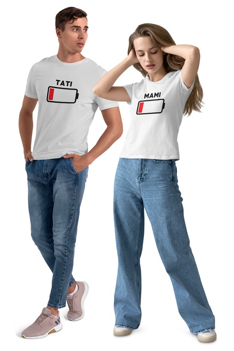 Set 2 tricouri personalizate pentru proaspat parinti/Mami si Tati - „Low battery”, Alb, Bumbac, marime, M – L
