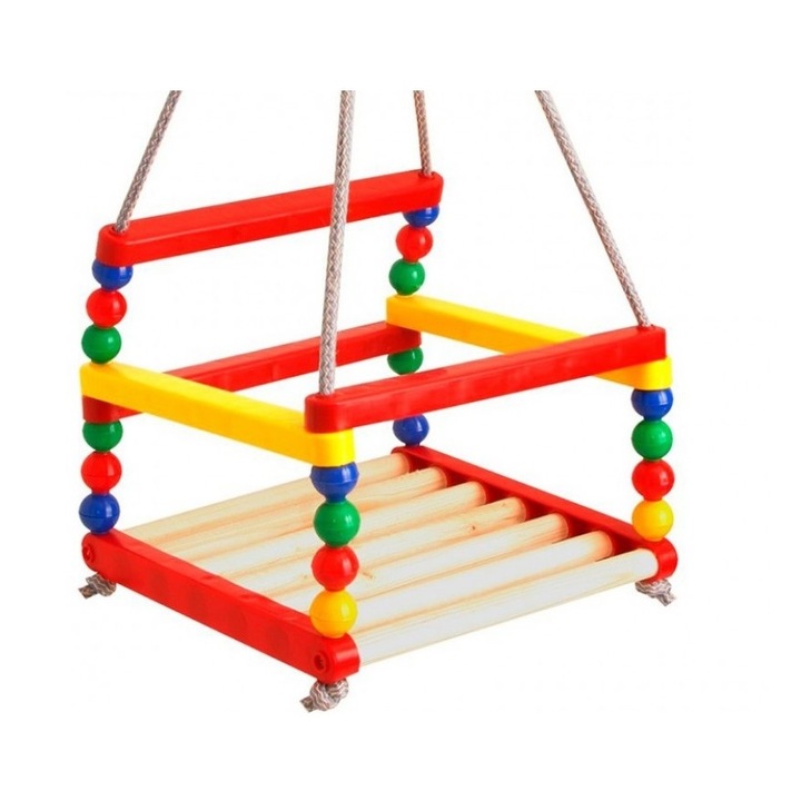 Люлка с въже Edea, Висяща за окачване, Дървена с халки, 110 cm, До 40 кг, 3+ години, Многоцветен