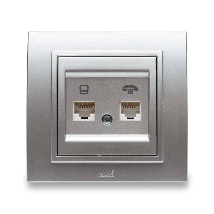 Priza Dubla UTP RJ45 Telefon RJ11 Elbi Zena Cat5E Incastrat Gri Metalizat ST