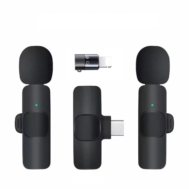 Set 2 microfoane wireless lavaliera, JENUOS®, compatibile cu dispozitivele Android/IOS, portabile si usor de utilizat, potrivite pentru inregistrari, discursuri, transmisii live, Negru