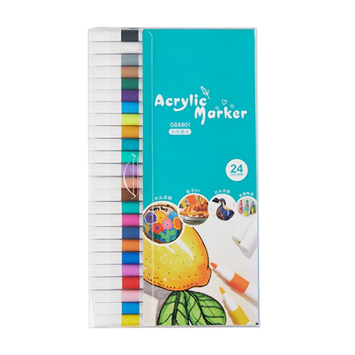 Set 24 Marker cu vopsea acrilica Bliibee®, varf rotund 1 mm, pentru hartie, piatra, sticla, ceramica, lemn, textile, panza