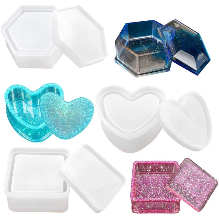 Set 3 forme pentru rasina, silicon cu capac, hexagon/inima/patrat, Alb