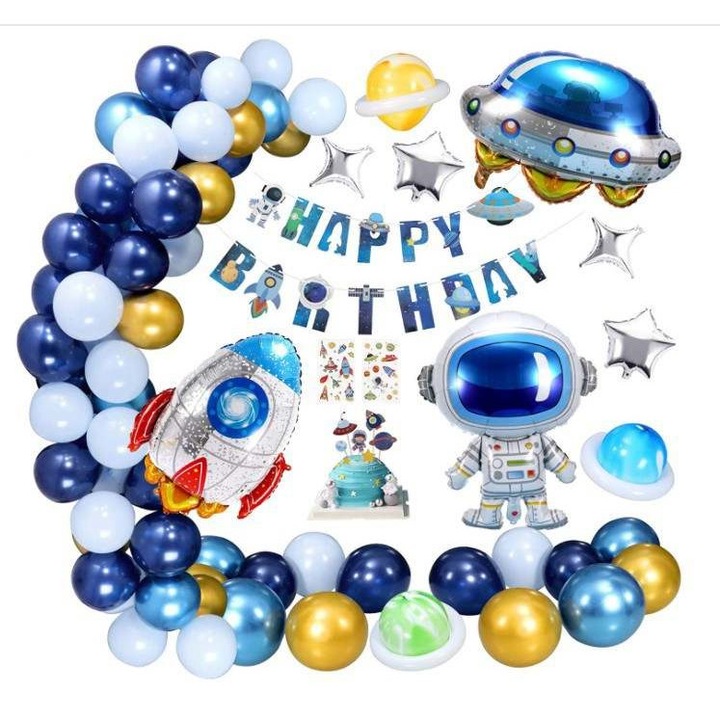 Комплект балони, състоящ се от 65 части, тема астронавт, синя декорация, банер Честит рожден ден