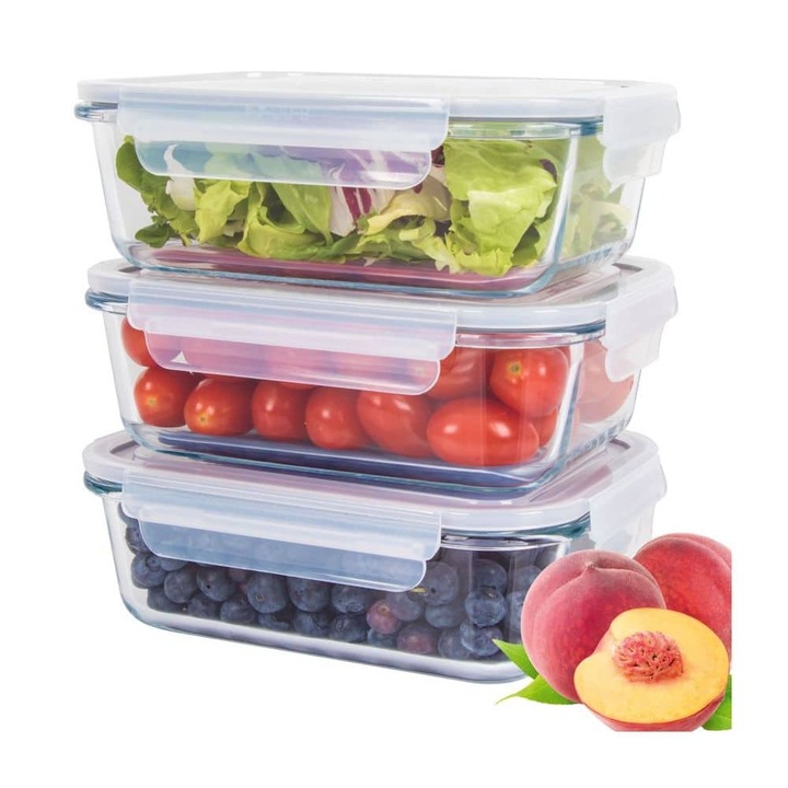 Set caserole sticla pentru alimente Classbach, C-FHD4020G, 3 piese, 3x1040 ml, inchidere ermetica, lavabile in masina de spalat vase, potrivite pentru cuptorul cu microunde si congelator, transparent