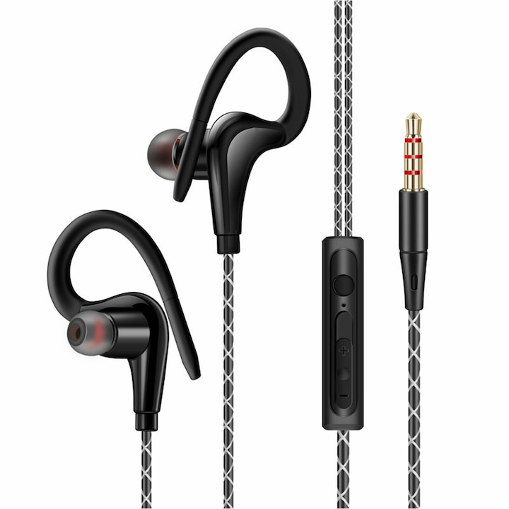 Слушалки за поставяне в ушите с кабел, жак 3,5 мм, текстилен кабел 1,2 м, черни