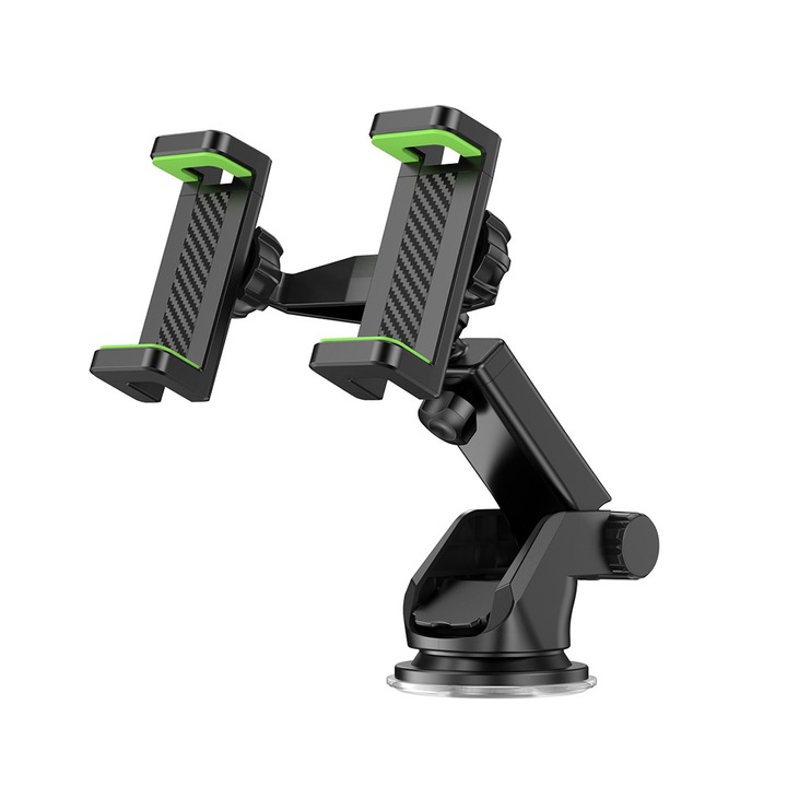 Suport auto universal G-Tech C117 pentru Doua Telefoane, Rotire 360 de grade, Sistem de prindere cu ventuza, Negru