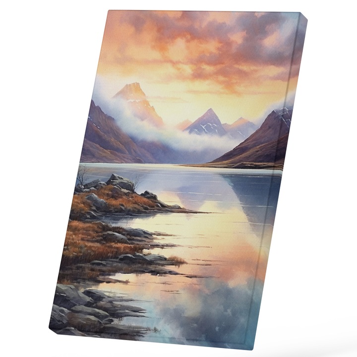 Tablou Canvas Cu Priveliste Lac Stralucitor, Stanci Inalte, Rasarit De Soare, Cer Mov Roz, Frumusetea Naturii, 25x40 cm, Multicolor