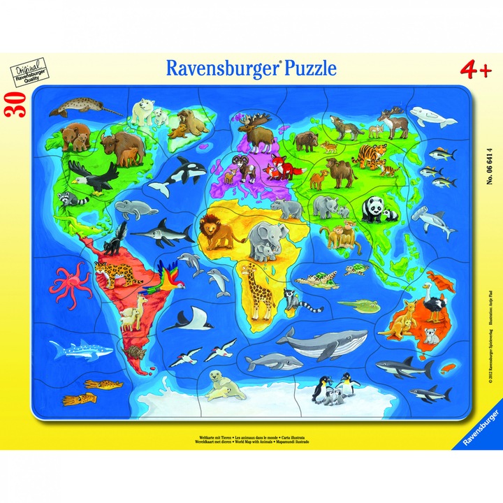 Пъзел Ravensburger - Карта на света с животни, 30 части