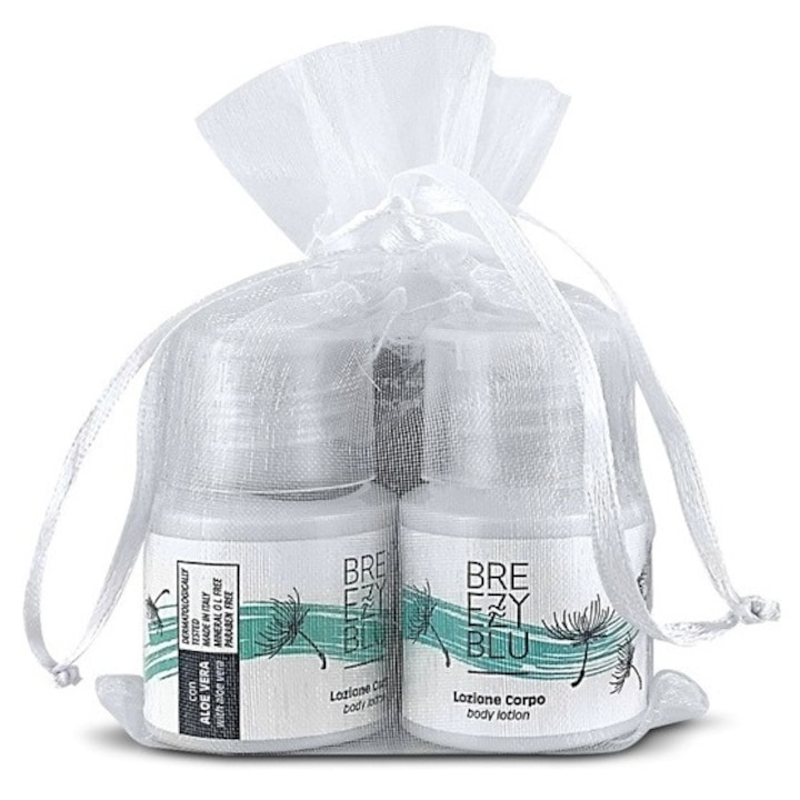 Set cosmetice hotel BREEZY BLU, 2 x Crema de Corp 26 ml cu Aloe Vera, Sapun hotelier 20 g