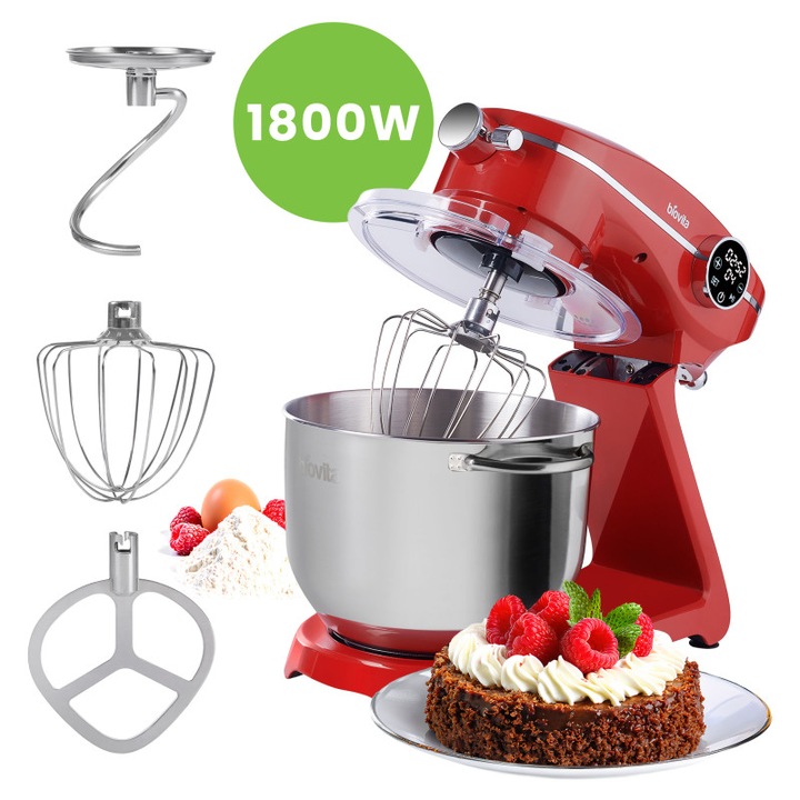 Mixer cu Bol de 6 L din Inox, 1800 W, 2 kg Aluat, Carcasa Aluminiu, 10 Viteze, Timer, 3 Accesorii Inox, Biovita MB-1800-NOVA, rosu