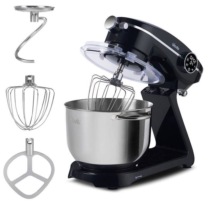 Mixer cu Bol, Biovita MB-1800-NOVA, Carcasa din Aluminiu, 1800W, 10 Viteze, Functie Puls, Bol de 6L din Inox, 3 Accesorii, Negru