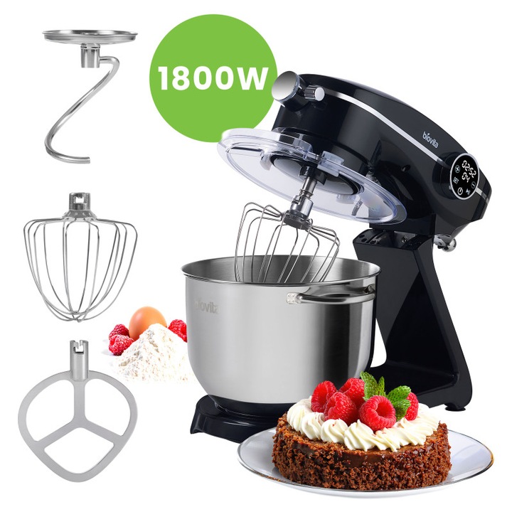 Mixer cu Bol de 6 L din Inox, 1800 W, 2 kg Aluat, Carcasa Aluminiu, 10 Viteze, Timer, 3 Accesorii Inox, Biovita MB-1800-NOVA, negru