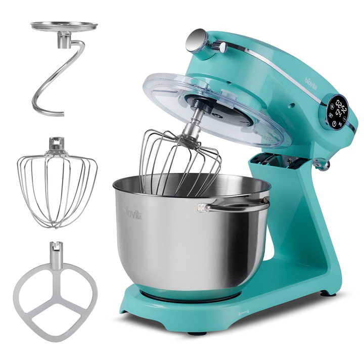 Mixer cu Bol, Biovita MB-1800-NOVA, Carcasa din Aluminiu, 1800W, 10 Viteze, Functie Puls, Bol de 6L din Inox, 3 Accesorii, Turcoaz