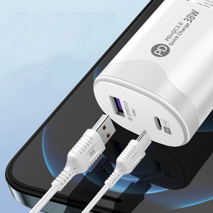 Incarcator retea Fast Charge 38W PD50, USB QC 3.0, Type-C PD 5V 3A, 9V 2A, 12V 1.5A, alb