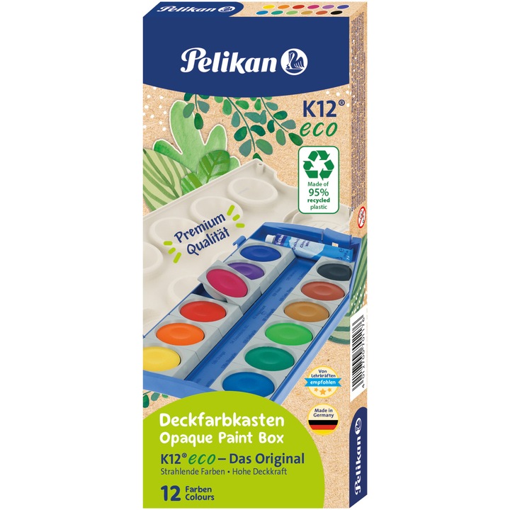 Acuarele Pelikan K12 din material reciclat, 12 culori plus alb de zinc