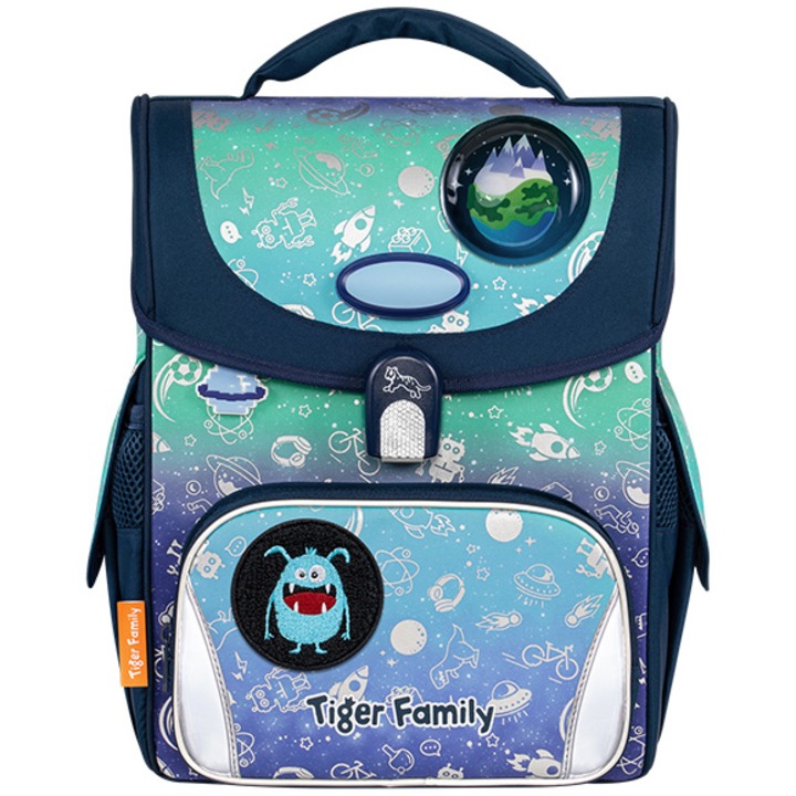 Ghiozdan Tiger Jolly neechipat PRO 2, dimensiune 36 x 31 x 19 cm, motiv Space Things Go Green