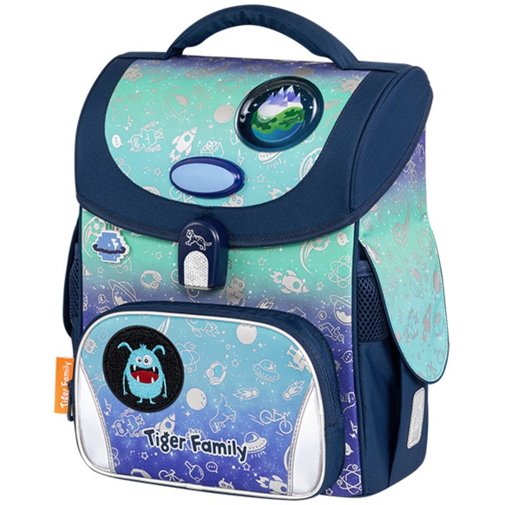 Ghiozdan Tiger Jolly neechipat PRO 2, dimensiune 36 x 31 x 19 cm, motiv Space Things Go Green