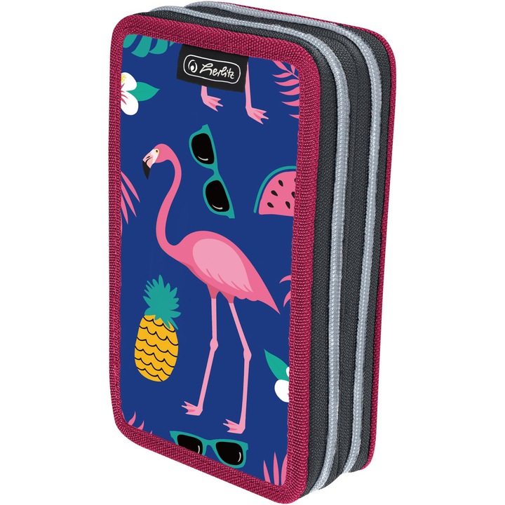 Felszereletlen Herlitz tolltartó, 2 cipzárral, 20 X 4,5 X 13 cm méret, Flamingo motívum