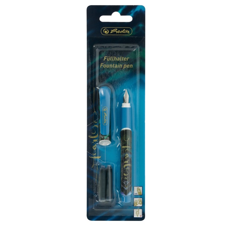 Stilou Herlitz ergonomic penita M,3 patroane incluse, motiv New Batik Fearless, blister