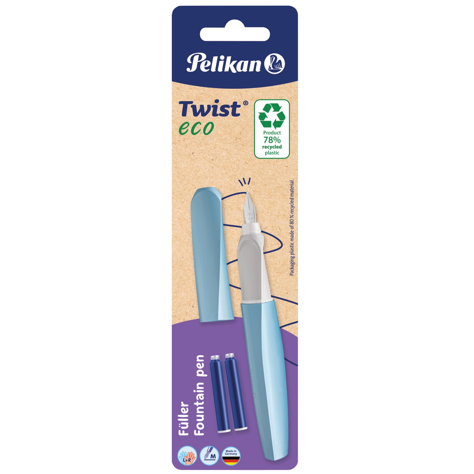 Stilou Pelikan Twist ECO, culori asortate (albastru, lavandă, roz, gri) grip ergonomic, 2 patroane albastre, blister