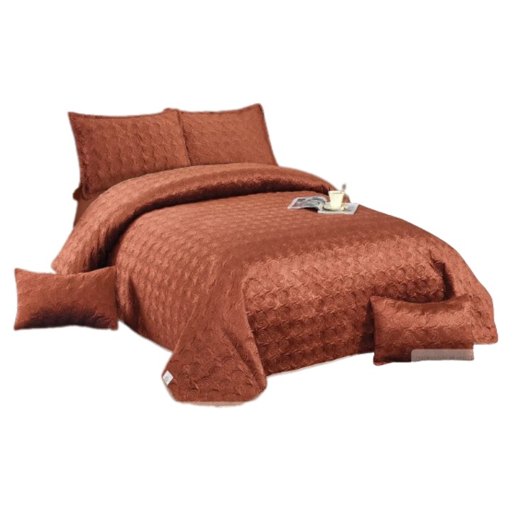 Cuvertura si 4 fete de perne, Catifea, 5 piese, Uni, 220x240cm, Caramiziu