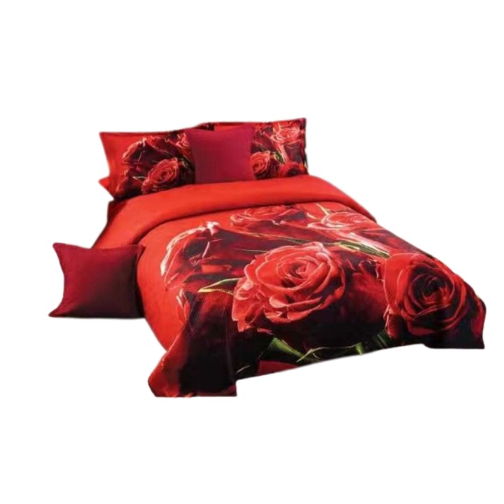 Cuvertura si 4 fete de perne, Catifea, 5 piese, imprimeu Trandafiri, 230x230cm