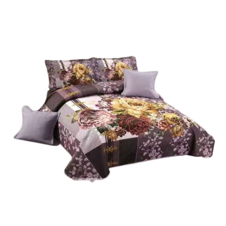 Cuvertura si 4 fete de perne, Catifea, 5 piese, imprimeu Floral, 230x230cm