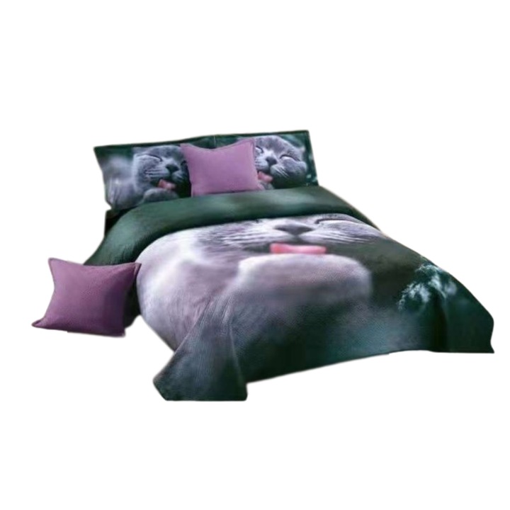 Cuvertura si 4 fete de perne, Catifea, 5 piese, imprimeu Pisica, 230x230cm