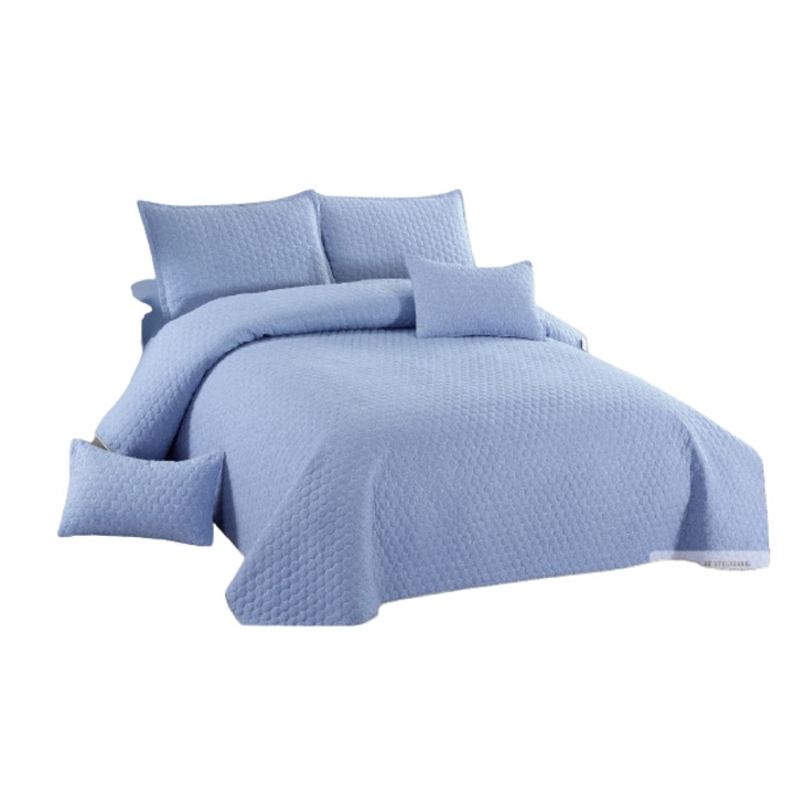 Комплект одеяло и 4 калъфки, От памук и лен, 5 бр., 220x240 см, Сини