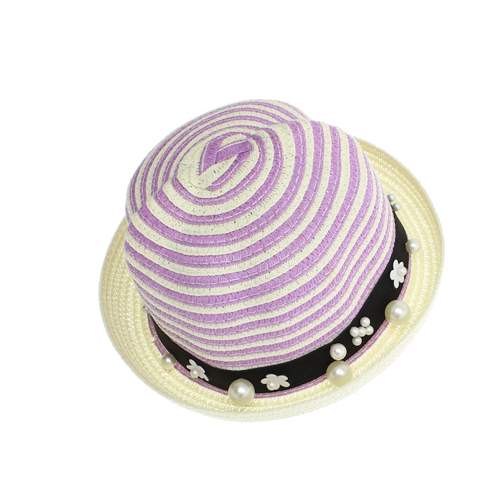 Шапка за слънце, детска ButicCochet, изработена от хартиена слама, 50 см, с цветя и перли, лилава - PAL1314