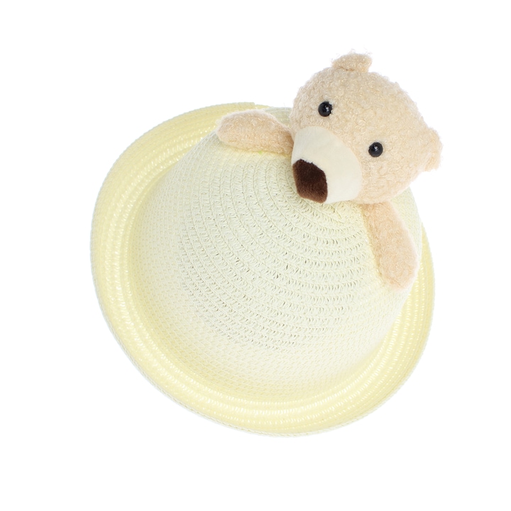 Шапка за слънце, детска, ButicCochet, изработена от хартиена слама, 52 см, с мече, кремава - PAL1299