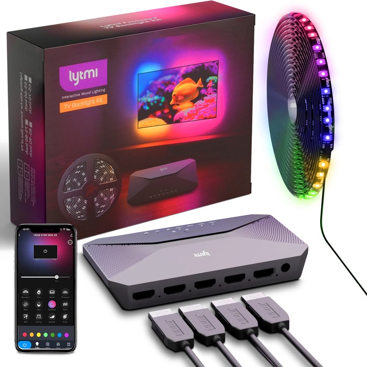 Kit de iluminare de fundal TV Lytmi Fantasy 3 HDMI 2.1, banda LED plus Neo Box, pentru TV 85-90 inchi, caseta de sincronizare