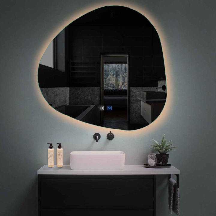 Oglinda LED 70x70 cm, LED Cald 3000K, functie dezaburire, butoane touch, Model Reyze Ambient 1A Asimetrica