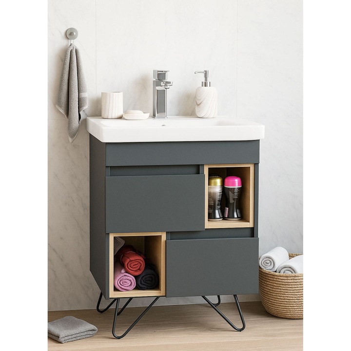 Baza si lavoar Badenmob, seria 760, 60x46x82cm, Antracit/Sonoma