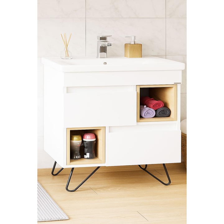 Baza si lavoar Badenmob, seria 760, 80x46x82cm, Alb/Sonoma